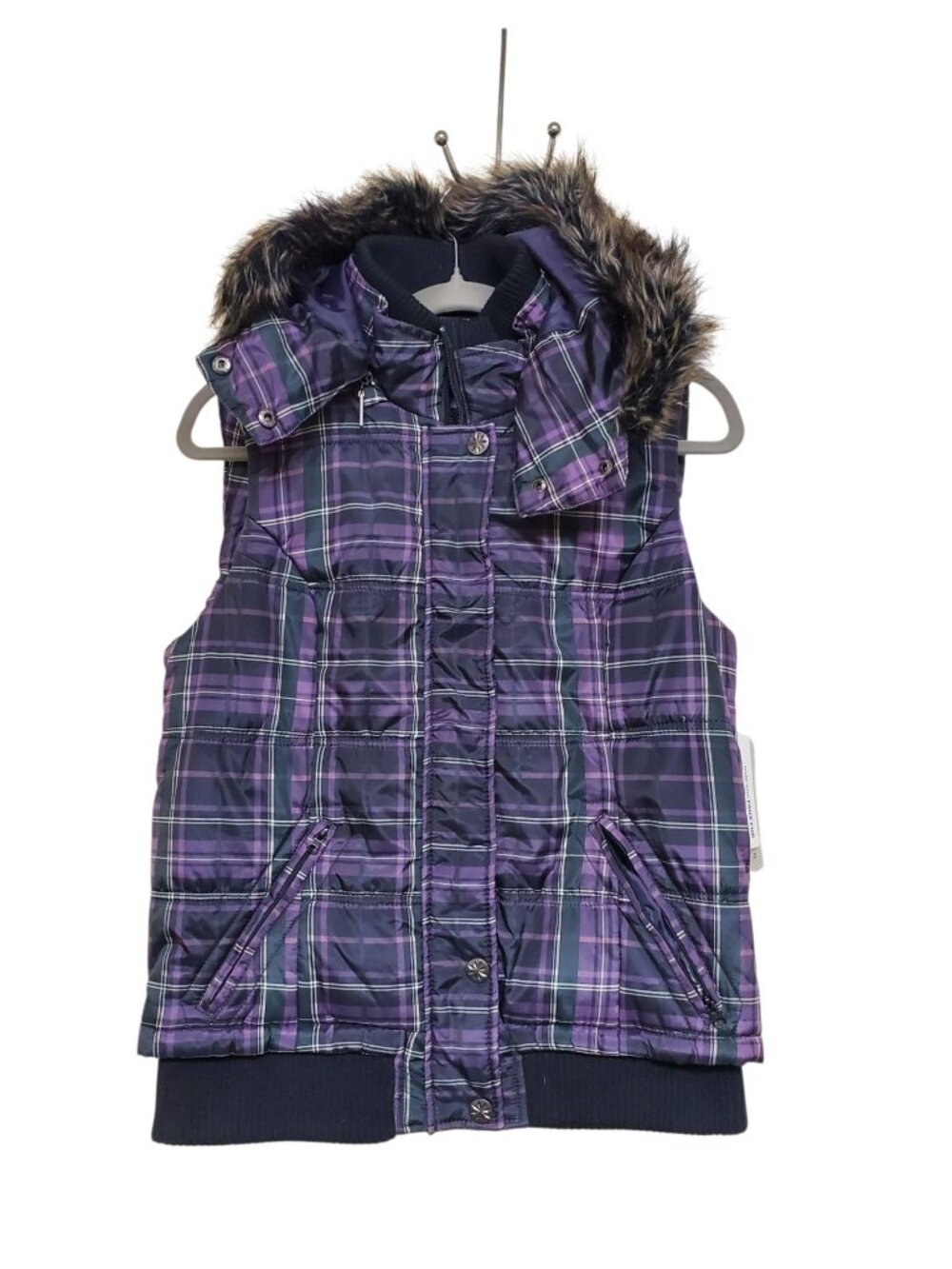 Weather Tamer Women's Purple Black Insulated Faux Fur Hooded Puffer Vest NWT S